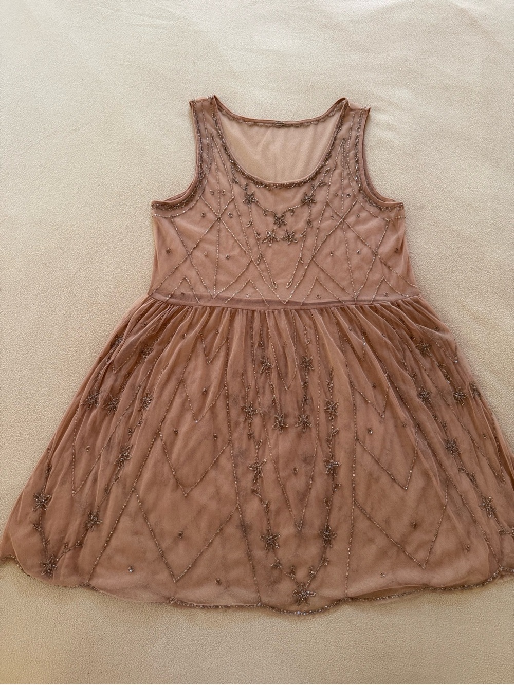 Free People Starry Night Beaded Mesh Mini Dress Pink Sheer Slip No Sz SEE MEAS